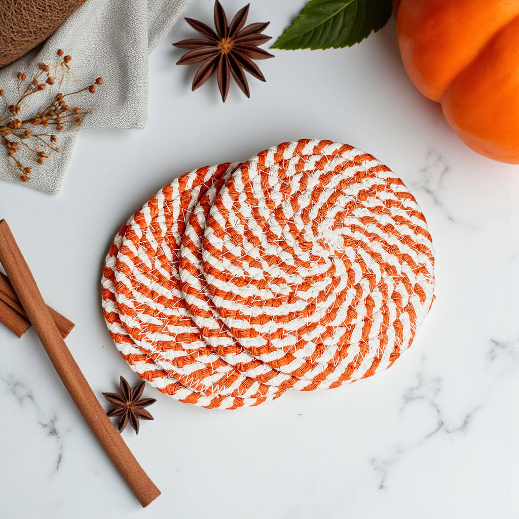 Coaster Sets Handmade, Braided Candy Cane Holiday Decor or Braided Rope Coaster Brown White Spiral 4pk ea