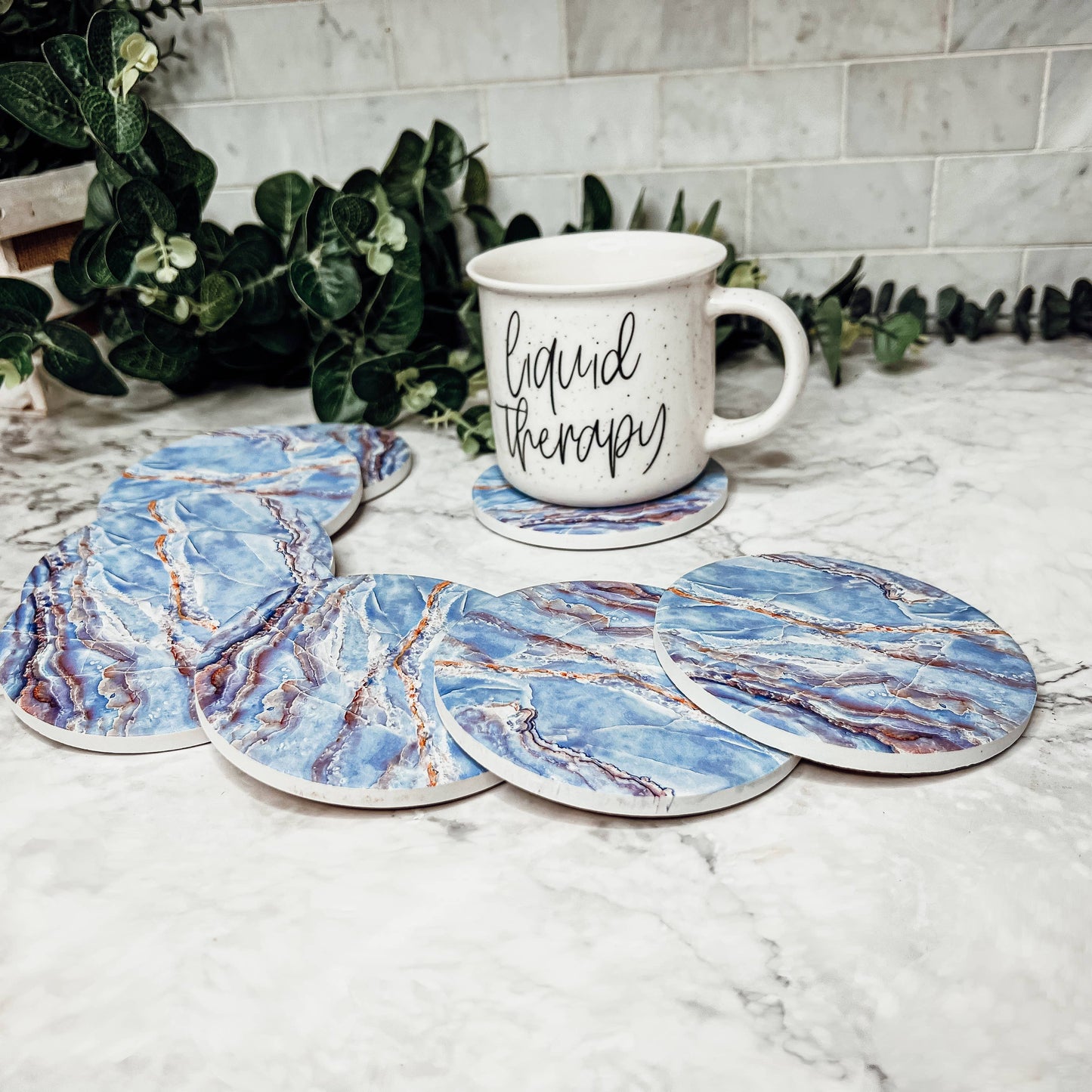 Blue Ceramic Coasters, Watercolor & Marble Like Coasters
