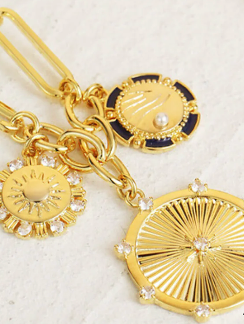 8 Point Wheel Medallion & Sun Charm Lariat Coin Necklace 