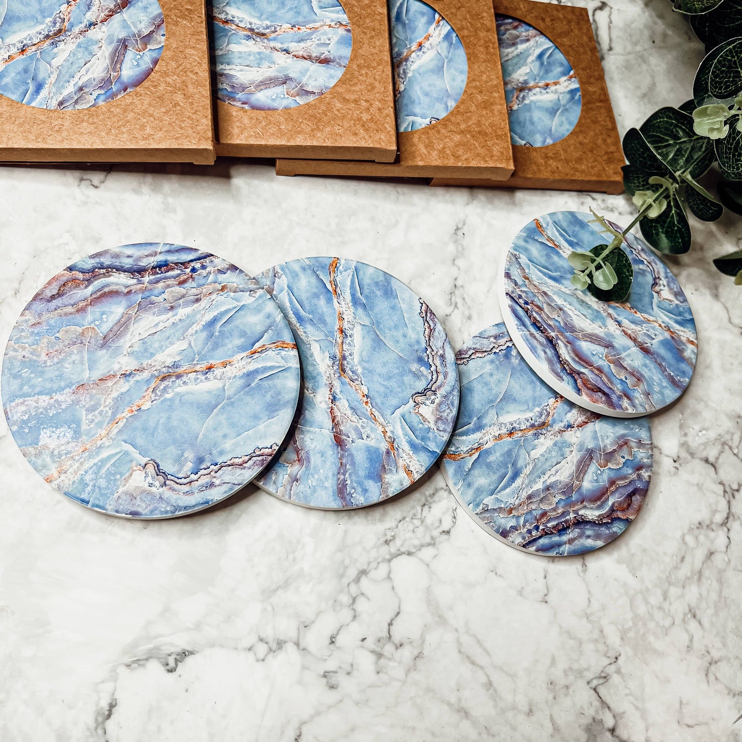 Blue Ceramic Coasters, Watercolor & Marble Like Coasters