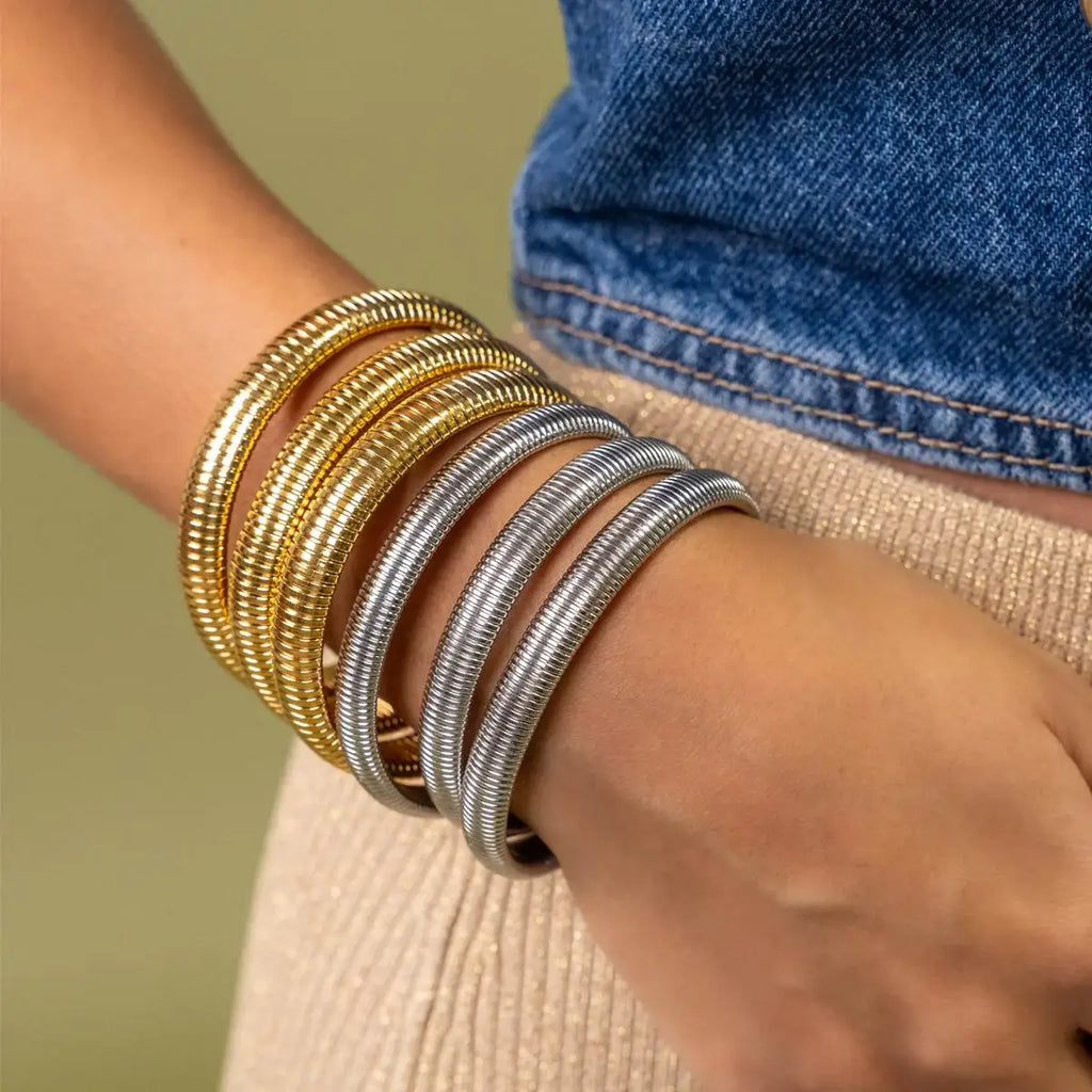 Omega Stretch Bangle Bracelets- Coil Stainless Steel Stretch: Yellow Gold / 10mm